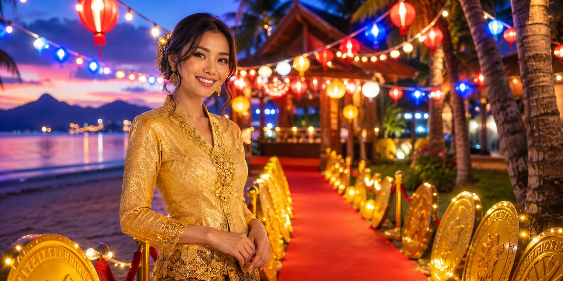 Wanita berkebaya menggunakan aplikasi kasino dalam talian semasa percutian di Langkawi