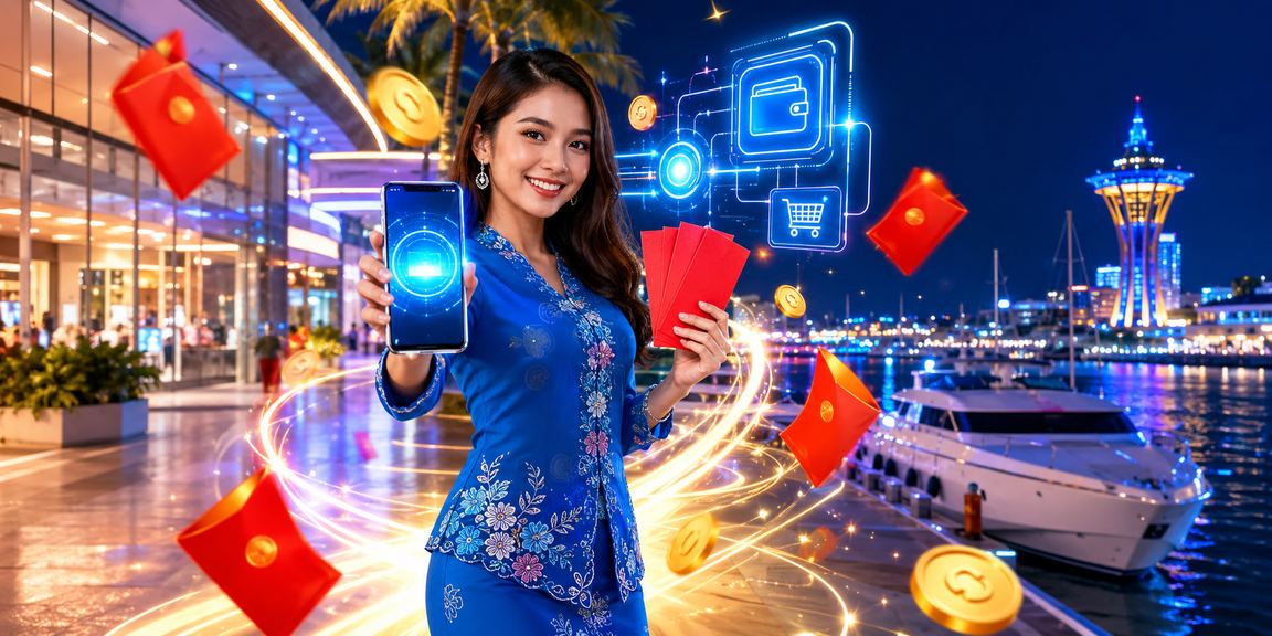 Wanita berbaju kurung menerima sampul merah bonus semasa perayaan di Malaysia